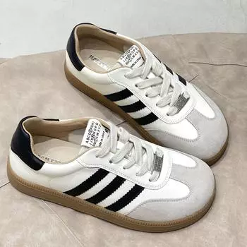 Весенние новые повседневные белые туфли на плоской подошве в корейском стиле, соответствующие цвета, немецкие тренировочные туфли с тремя полосками, натуральная кожа, немецкие тренировочные женские белые туфли 35