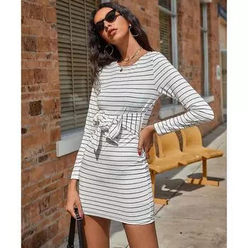 Весенние новые повседневные платья с длинным рукавом в полоску, женское элегантное облегающее белое платье с круглым вырезом, женское летнее тонкое простое модное сексуальное короткое платье на шнуровке 25885 XS белый
