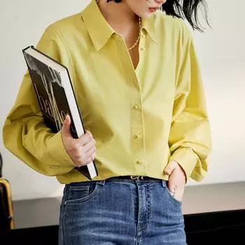 Весенние новые повседневные рубашки с длинным рукавом для офиса для женщин, модные однобортные простые свободные белые блузки для женщин, элегантные облегающие однотонные женские топы 26225 M жёлтый