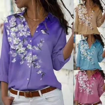 Весенние новые повседневные рубашки с длинным рукавом больших размеров с принтом, женские модные офисные свободные блузки на пуговицах, женские простые блузки с отложным воротником, топы 26614 3XL хаки