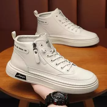 Весенние новые повседневные туфли на плоской подошве для мужчин, модные удобные кроссовки средней высоты из мягкой кожи, мужские ботинки, туфли с боковой молнией и пластиной, теннисные туфли 39 бежевый