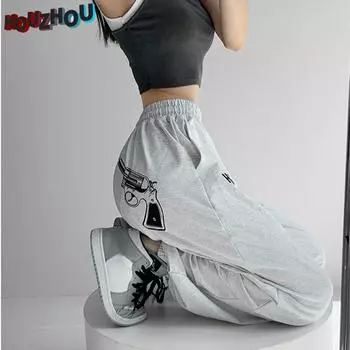 Весенние новые прямые брюки для бега, женские спортивные штаны в Корейском стиле, повседневные свободные брюки Kpop с принтом, серые мешковатые брюки большого размера S серый