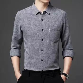Весенние новые рубашки с длинными рукавами из хлопка и льна для мужчин, деловые повседневные топы, настоящие карманы, укороченные рубашки для мужчин среднего возраста M