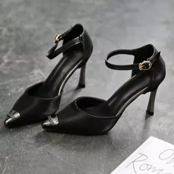 Весенние новые стильные туфли с острым носком, цельные туфли на шпильках с пряжкой, универсальные туфли для женщин 34 чёрный