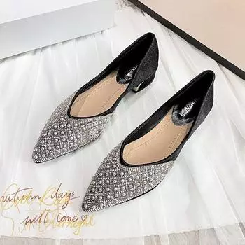 Весенние новые стильные женские туфли с бриллиантами во французском стиле, женская обувь большого размера с одной педалью и острым носком на толстом высоком каблуке 33