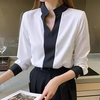 Весенние новые свободные белые рубашки с V-образным вырезом для поездок на работу, женские повседневные блузки с длинным рукавом для офиса и леди, элегантные модные простые однотонные рубашки F8028 S белый