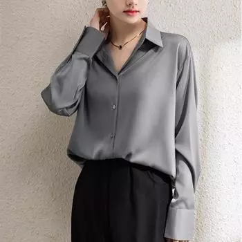 Весенние новые свободные рубашки с длинным рукавом, женские модные повседневные блузки с отложным воротником, женские топы, однобортные простые офисные женские блузки 25849 S серебряный