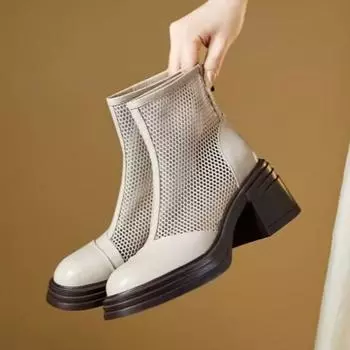 Весенние новые толстые каблуки крутые ботинки для женщин круглый носок сетчатая ткань молния сзади водонепроницаемая платформа износостойкие короткие ботинки 35