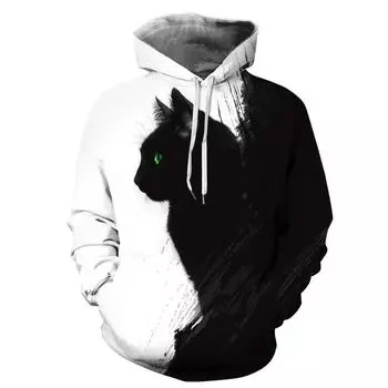 Весенние новые топы с цифровой печатью черного кота, осенние и зимние свободные свитера с капюшоном и длинными рукавами для пар, большие ярды S
