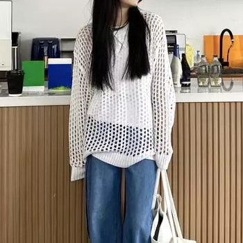 Весенние новые трикотажные ажурные повседневные свободные блузки женские с длинным рукавом летние солнцезащитные женские рубашки с круглым вырезом однотонные женские рубашки топы 26056 One Size белый