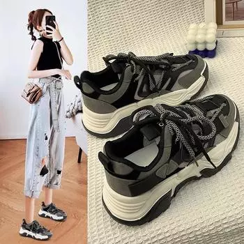 Весенние новые туфли Daddy на толстой подошве, женские, подходящие по цвету, универсальные, студенческие спортивные туфли, повседневная обувь в корейском стиле 35 синий