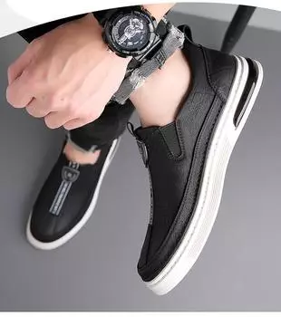Весенние новые туфли для мужчин Кожаные повседневные туфли Белые балетки Обувь для скейтборда Молодежные мокасины без застежек 38 чёрный