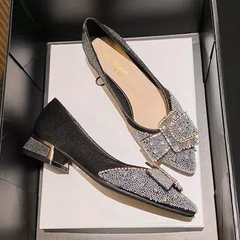 Весенние новые туфли для женщин, модные блестящие туфли-лодочки, новые сексуальные туфли с острым носком, повседневные туфли на высоком каблуке, женские туфли-лодочки со стразами 34 чёрный