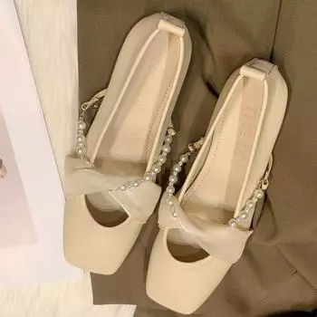 Весенние новые туфли Мэри Джейн с квадратной головкой, неглубоким вырезом, кружевной отделкой бисером, с одинарным ботинком на плоской подошве, женские туфли 35 грязно-белый