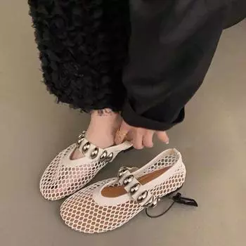 Весенние новые туфли на плоской подошве с круглым носком и мелким горлом, сетчатая ткань, дышащая металлическая пряжка, мягкая подошва, нескользящая одинарная обувь 35