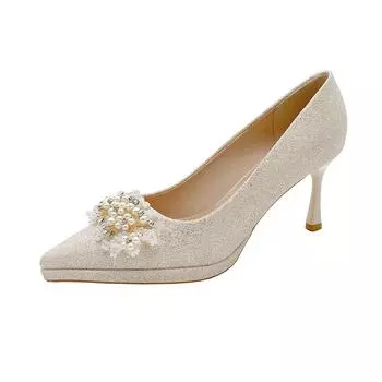 Весенние новые туфли на тонком каблуке для женщин, остроносые, с пайетками и бисером, водонепроницаемые, на платформе, противоскользящие, износостойкие, на высоком каблуке 35