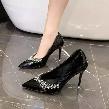 Весенние новые туфли на тонком каблуке, модные, с острым носком, из лакированной кожи, с блестками, противоскользящие, износостойкие, высокие каблуки 35