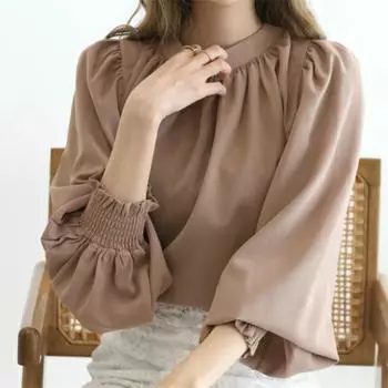 Весенние новые винтажные свободные блузки с рукавами-фонариками для женщин, элегантные модные однотонные повседневные шифоновые рубашки для женщин, простые тонкие блузки-пуловеры для женщин, женская одежда 26567 M чёрный