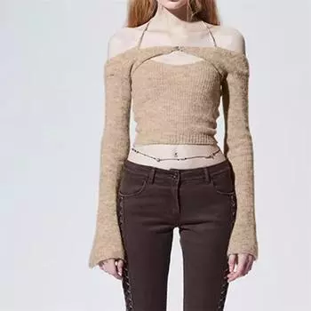 Весенние новые женские футболки с длинными рукавами, топы с лямкой на шее, укороченный топ с открытой спиной, футболки с открытыми плечами, сексуальные тонкие футболки с висячим вырезом для клуба отдыха S чёрный