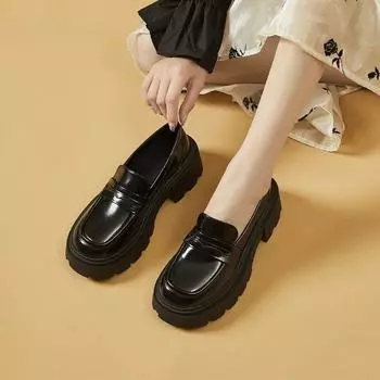 Весенние новые женские кожаные туфли, женские черные повседневные лоферы, кожаные туфли на платформе и высоком каблуке, модная обувь в британском стиле 35 чёрный