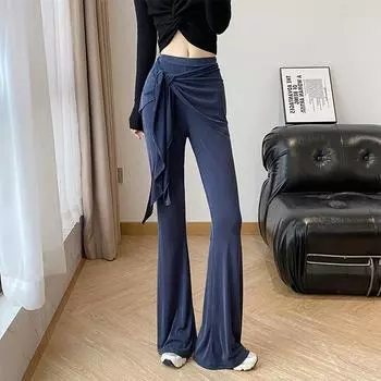 Весенние новые женские поддельные двухкомпонентные повседневные брюки со шнуровкой из микро-эластичного дышащего материала S чёрный