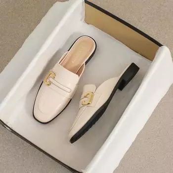 Весенние новые женские сабо, верхняя одежда, тапочки, модные сабо, металлический дизайн, повседневная обувь на плоской подошве в британском стиле, банкетная и офисная обувь 41 слоновая кость