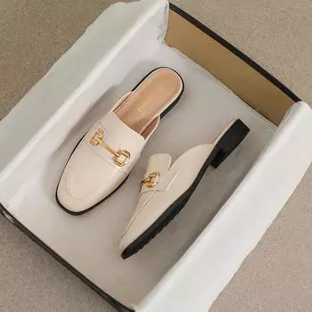 Весенние новые женские сабо, верхняя одежда, тапочки, модные сабо, металлический дизайн, повседневная обувь на плоской подошве в британском стиле, банкетная и офисная обувь 35 слоновая кость