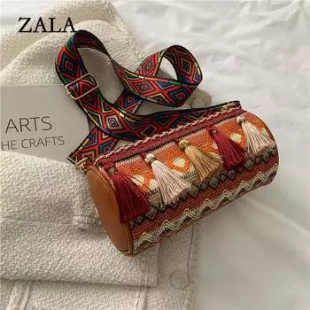 Весенние новые женские сумки с кисточками в модном этническом стиле, контрастные цвета, вышитые нитками, цилиндрические женские сумки, сумки-мессенджеры, сумки через плечо жёлтый