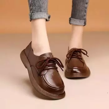 Весенние новые женские туфли из натуральной кожи, ретро-модные лоферы с мягкой подошвой, британские удобные, на шнуровке, нескользящие, повседневные туфли 2025 35 чёрный