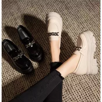 Весенние новые женские туфли-лодочки на толстой подошве из кожи на высоком каблуке в британском стиле, туфли Мэри Джейн для девочек, кроссовки на платформе с металлической цепочкой 35