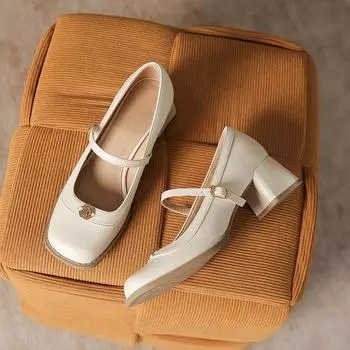 Весенние новые женские туфли Мэри Джейн на толстом металлическом каблуке с круглой головкой и пряжкой в виде одного слова в британском стиле. Повседневная модная обувь 34 абрикосовый