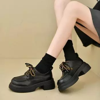 Весенние новые женские туфли на плоской подошве с круглым носком и толстой подошвой, черные, в британском стиле, с увеличенным каблуком, одинарные туфли в японском стиле 35