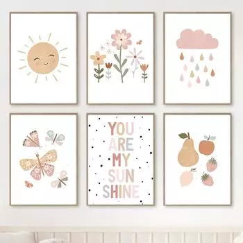 Весенние облака, радуги, подсолнухи, бабочки, цифры, постеры, принты, мультфильмы, настенное искусство, холст, картина, скандинавские девушки, декор детской комнаты 21X30cm No Frame