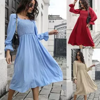 Весенние однотонные расклешенные платья средней длины с расклешенными рукавами, длинные плиссированные платья с одним вырезом, большие размеры XL синий