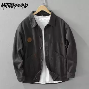 Весенние/осенние куртки для мужчин Молодежная уличная мода Японский стиль Карго Свободное пальто Отложной воротник Большие карманы Серая куртка на пуговицах M зелёный