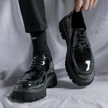 Весенние персонализированные глянцевые кожаные туфли мужские Muffin Hong Kong Style черные высокие британские молодежные лакированные туфли 3368-R 40 зелёный