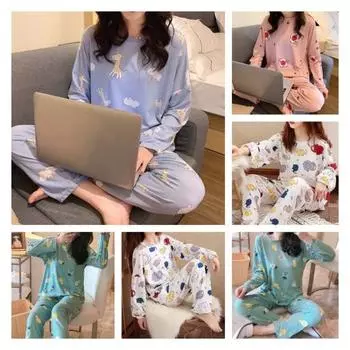 Весенние пижамы, моющиеся, дышащие, с мультяшным рисунком, повседневные весенне-осенние женские пижамные комплекты для отпуска XL синий