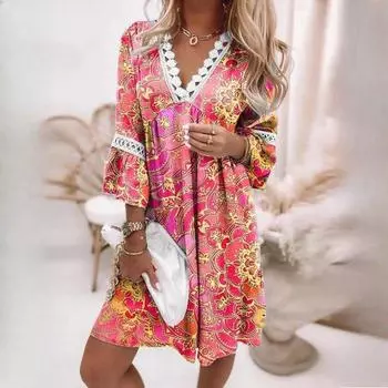 Весенние платья с V-образным вырезом, кружевным принтом и сращиванием в стиле бохо, повседневные платья в курортном стиле S белый