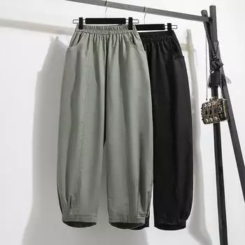Весенние плиссированные брюки больших размеров, повседневные универсальные брюки-фонарики, укороченные брюки, женские спортивные штаны