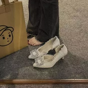 Весенние популярные туфли на высоком каблуке женские нишевые дизайнерские туфли с открытым носком французские остроносые туфли на тонком каблуке маленькие ароматные туфли со стразами 35