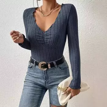 Весенние повседневные длинные рукава футболки женские осенние сексуальные глубокий V-образный вырез однотонные тонкие пуловеры футболка женские базовые футболки y2k топ S