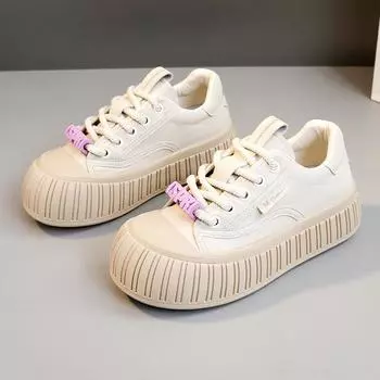 Весенние повседневные кожаные белые туфли для женщин на толстой подошве, дышащие туфли для девочек на увеличенном каблуке 35 бежевый