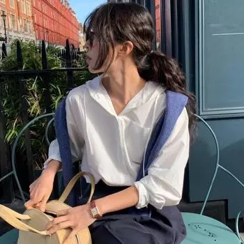 Весенние простые темпераментные рубашки с капюшоном женские свободные повседневные однотонные белые блузки с длинным рукавом топы для женщин модная осенняя офисная рубашка на пуговицах 26088 S белый