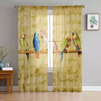Весенние птицы попугай ретро прозрачные шторы для гостиной спальни кухни животные шифоновые тюлевые шторы домашний отель кофейный декор 1 PCS W100XH250cm