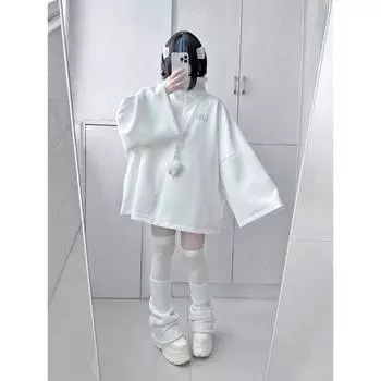 Весенние японские повседневные однотонные толстовки женские свободные Y2k эстетичные большие вышитые пальто Harajuku молнии толстовки S белый