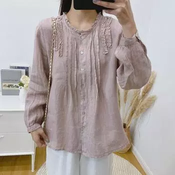 Весенние японские топы Johnature для женщин, винтажные льняные свободные однотонные женские рубашки с оборками One Size хаки