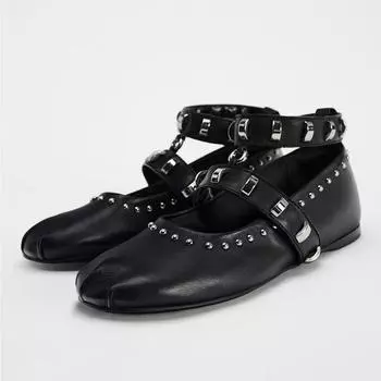 Весенние ретро-балетки Mary из искусственной замши с заклепками и ремешком на щиколотке для танцев, повседневные туфли на плоской подошве для девочек 35 чёрный