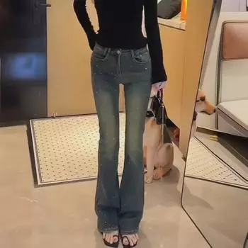 Весенние ретро-джинсы с высокой талией и потертостями из денима, расклешенные для женщин 2XL