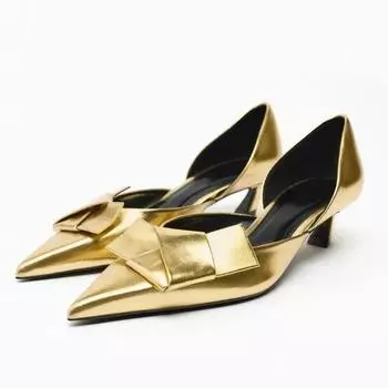 Весенние роскошные женские туфли-лодочки с золотым бантом и острым носком, элегантные туфли для вечеринки и свадьбы на среднем каблуке, дизайнерская обувь для женщин 36 белый
