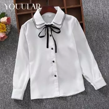 Весенние рубашки для девочек, хлопковая повседневная детская одежда, белые блузки для девочек, рубашки с длинными рукавами для девочек, осенняя детская одежда 14 белый